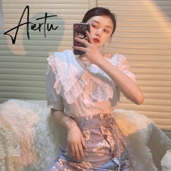 2 Piece Set Women Casual French Lace Blouse+Vintage Midi Floral Skirts Fashion Suits Female Korean Style Office Lady Summer Aiertu
