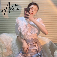 2 Piece Set Women Casual French Lace Blouse+Vintage Midi Floral Skirts Fashion Suits Female Korean Style Office Lady Summer Aiertu