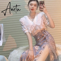 2 Piece Set Women Casual French Lace Blouse+Vintage Midi Floral Skirts Fashion Suits Female Korean Style Office Lady Summer Aiertu