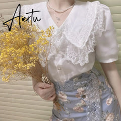 2 Piece Set Women Casual French Lace Blouse+Vintage Midi Floral Skirts Fashion Suits Female Korean Style Office Lady Summer Aiertu