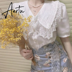 2 Piece Set Women Casual French Lace Blouse+Vintage Midi Floral Skirts Fashion Suits Female Korean Style Office Lady Summer Aiertu