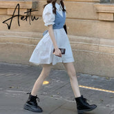 2 Piece Set Women Summer High Waist Dress Denim Camisole + Mini Dress Elegant Puff Sleeve A-line Dress Vintage Slim Dresses Aiertu