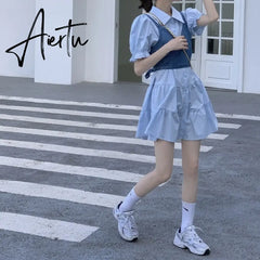 2 Piece Set Women Summer High Waist Dress Denim Camisole + Mini Dress Elegant Puff Sleeve A-line Dress Vintage Slim Dresses Aiertu