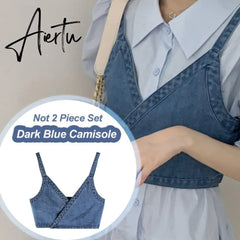 2 Piece Set Women Summer High Waist Dress Denim Camisole + Mini Dress Elegant Puff Sleeve A-line Dress Vintage Slim Dresses Aiertu