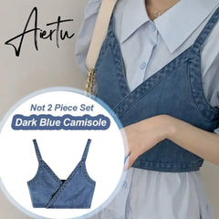2 Piece Set Women Summer High Waist Dress Denim Camisole + Mini Dress Elegant Puff Sleeve A-line Dress Vintage Slim Dresses Aiertu