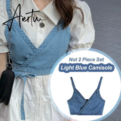 2 Piece Set Women Summer High Waist Dress Denim Camisole + Mini Dress Elegant Puff Sleeve A-line Dress Vintage Slim Dresses Aiertu