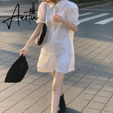 2 Piece Set Women Summer High Waist Dress Denim Camisole + Mini Dress Elegant Puff Sleeve A-line Dress Vintage Slim Dresses Aiertu