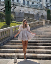 2 ways Wear Chiffon Floral Print Spliced Organza Ball Gown Dress Puff Sleeve Retro Women Swing Short Dresses Fairy Aiertu