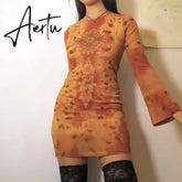 2000s Retro Aesthetic Mini Dress Wrap Bodycon Vintage Tie Dye Graphic Print Long Sleeve Short Dresses Women Autumn Clothes Aiertu