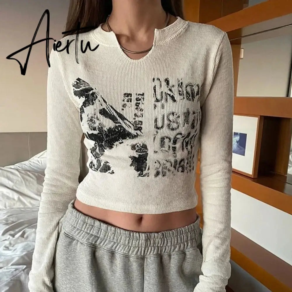 2000s Retro Harajuku Grunge T-shirt Graphic Print Long Sleeve Crop Top Chic Women Vintage Slim Fit Korean Fashion Tees Clothes Aiertu