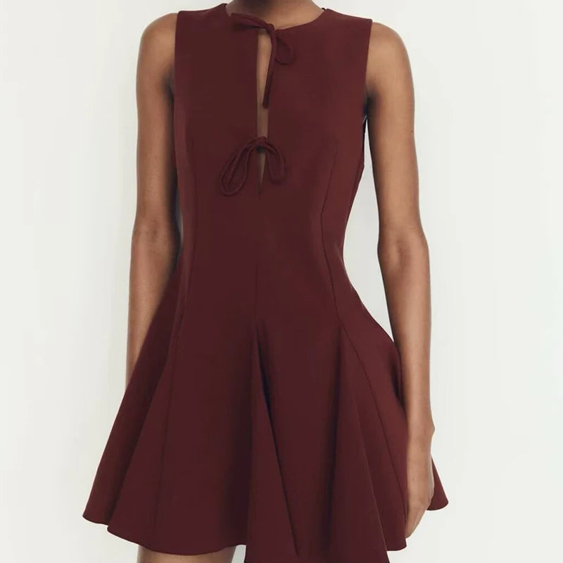 Aiertu - 2025 Women Bow Lace Up O Neck Elegant Mini Dresses Fashion A-line Slim Office Lady Sleeveless Dresses Female Vestidos Aiertu