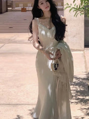 Aiertu - Spaghetti Strap White Satin Long Dresses for Women Summer New Elegant Party Sweet Sleeveless Female Holiday Casual Clothing Aiertu