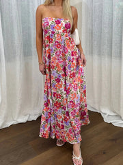 Aiertu - Elegant Off-Shoulder Maxi Dress with Boho Floral Print and Lace-Up Back Detail for Summer Wedding Party or Vacation Beachwear Aiertu