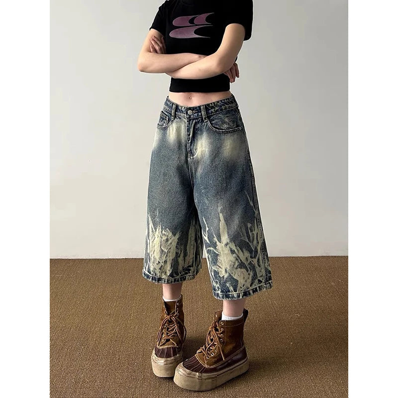 Aiertu American Vintage High Waist Trashy Loose Jeans 2025 Summer Women's Casual Baggy Y2K Shorts Wide Leg Grunge Print Denim Shorts Aiertu