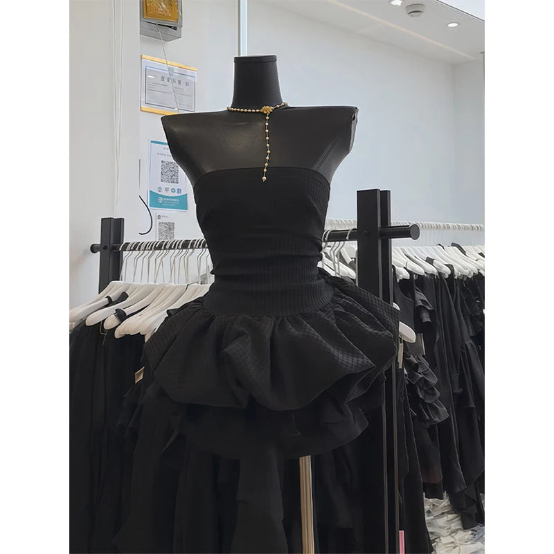 Aiertu - Vintage Black Mini Dress Women Party Prom Sexy Strapless Ball Gown Dresses Summer Korean Bodycon Design A Line Vestidos Aiertu