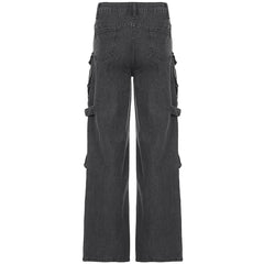 Aiertu - Gothic Fashion Women Cargo Jeans Grunge Loose Fit Pocket Denim Pants Harajuku Y2K Boyfriend Style Wide Leg Trousers Aiertu