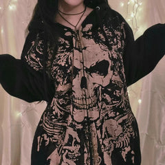 Aiertu - Euramerican High Street Lazy Loose Sweatshirts Y2k Aesthetic Skull Punk Print American Vintage Clothing Zip Up Gothic Hoodies Aiertu