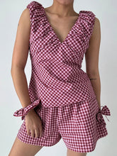 Aiertu - Women s Plaid Matching Set with V Neckline Off Shoulder Short Sleeve Top Bow Detail Elastic Waist Shorts and Pockets - 2 Aiertu