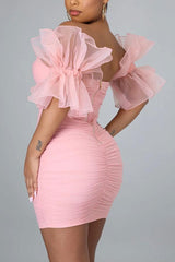 Aiertu Solid Color Ruffle Mesh Sleeve Pretty Bandeau Mini Dress Aiertu