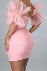 Aiertu Solid Color Ruffle Mesh Sleeve Pretty Bandeau Mini Dress Aiertu