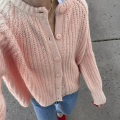 Aiertu - Women Chunky Knit Cardigan Y2k Long Latern Sleeve Crew Neck Button Up Open Front Cable Knitted Crop Sweater Jackets Aiertu