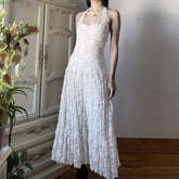 Aiertu - White Floral Lace Halter Maxi Dress Aiertu