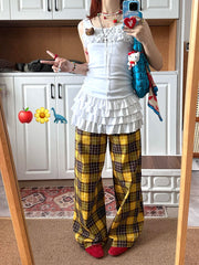 Aiertu - Retro Checkered Wide Leg Pants for Women Yellow Color Block Pockets High Waist Straight Wide Leg Sweatpants Daily Wear Aiertu