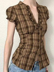 Aiertu - Ruffled Button-Up Puff Sleeve Plaid Top Aiertu