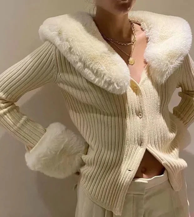 Aiertu joker costume female outfit INS Vintage Sweater Cardigan Women's Autumn Fashion Detachable Fur Collar Single-Breasted Short Knitted Top aiertu