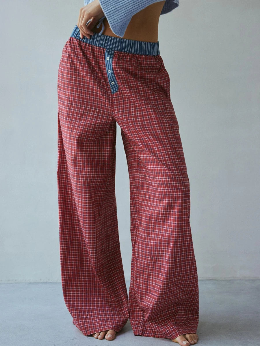 Aiertu - 2025 New Red Plaid Contrast Wide Leg Pant Women Buttons Elastic Mid Waist Casual Pants Spring Summer Chic Casual Vintage Trouser Aiertu