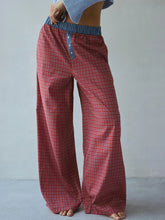 Aiertu - 2025 New Red Plaid Contrast Wide Leg Pant Women Buttons Elastic Mid Waist Casual Pants Spring Summer Chic Casual Vintage Trouser Aiertu