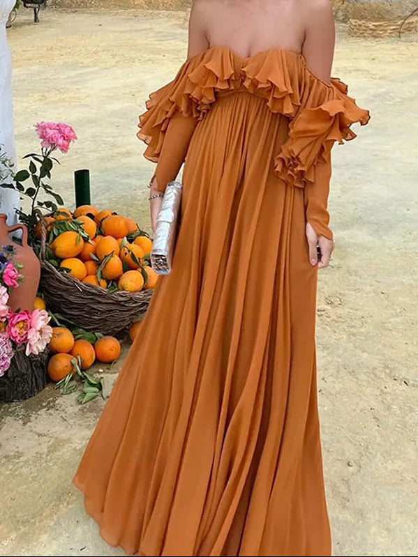 Aiertu - Summer Elegant Solid Ruffles Maxi Dress For Women Fashion Off Shoulder High Waist Robe Chic Female Evening Party Vestidos Aiertu
