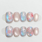 Aiertu - 10pcs Short Square Round Handmade Fake Nail Wearable Colorful Smudge Design False Nail Flower Bow Nails Simple Press on Nails Aiertu