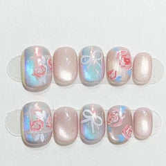 Aiertu - 10pcs Short Square Round Handmade Fake Nail Wearable Colorful Smudge Design False Nail Flower Bow Nails Simple Press on Nails Aiertu