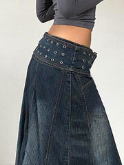 Aiertu -Vintage Eyelet Belt A-Line Denim Skirt aiertu