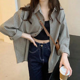 Aiertu Plaid Shirts Women Retro Turn Down Collar Long Sleeve Loose Blouses Harajuku Korean Office Lady Basic Casual Baggy Tops Aiertu