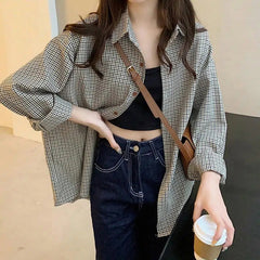 Aiertu Plaid Shirts Women Retro Turn Down Collar Long Sleeve Loose Blouses Harajuku Korean Office Lady Basic Casual Baggy Tops Aiertu