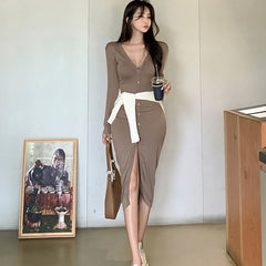Aiertu leapord halloween outfit Women's Slim-Fit Low-Cut Dress with Long Sleeves Dress aiertu