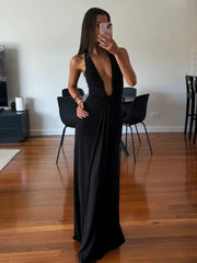 Aiertu - Deep V Neck Halter Long Dress Female Elegant Ruched Ribbon Splice Summer New Vacation Dress Sexy Slim Sleeveless Vestido Aiertu