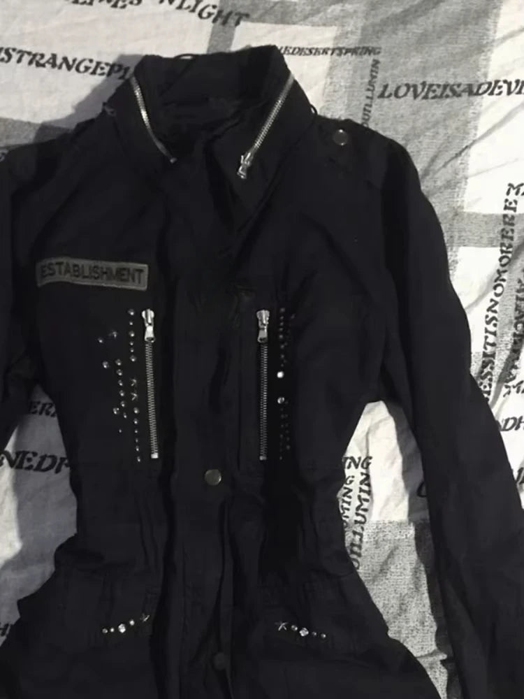 Aiertu - Vintage Y2k Aesthetic Star Zipper Slim Coats Streetwear Fashion Harajuku Coat Korean Ins Grunge Pleated Jackets Gothic Femme Aiertu