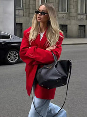 Aiertu - Women's Red Suit Temperament Shoulder Pads Loose Coat Collar Pocket Casual Cardigan Fashion Office Ladies Suit Jacket Aiertu