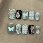 Aiertu - 24PCS Y2k Short Coffin Press on False Nail with Glue Butterfly Metallic Silver Blush Fake Nail for Spice Girls Wearable Ins Nail Aiertu