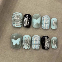 Aiertu - 24PCS Y2k Short Coffin Press on False Nail with Glue Butterfly Metallic Silver Blush Fake Nail for Spice Girls Wearable Ins Nail Aiertu
