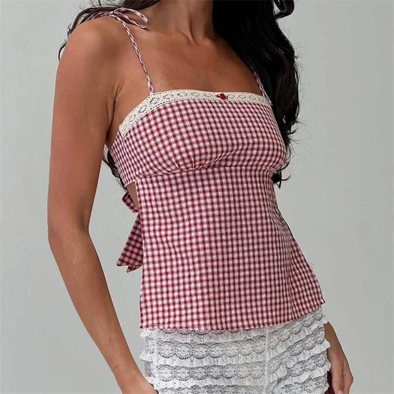 Aiertu - -Y2k Coquette Tops Summer Women Red Gingham Camisole Top Sleeveless Aesthetic Plaid Print Crop Top Casual T-Shirt Streetwear Aiertu