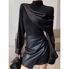 Aiertu Elegant Black Shirts Women Fashion Luxury Patchwork Blouses Office Ladies Korean Long Sleeve Slim Chic Design Tops New Aiertu