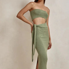 Aiertu - Y2K Women Wrap Hip Lace Up Knitwears Dress Fashion Knitted Strapless Dress Cut Out Bandage Bodycon Midi Slit Tube Top Dresses Aiertu