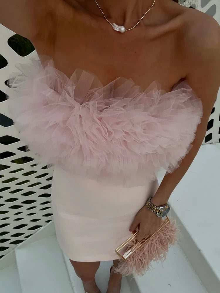 Aiertu - Strapless Silk Mesh Fluffy Dress 3D Floral Gauze Socialite Evening Gown Off Shoulder Slim Fit Sexy Backless Women Short Dresses Aiertu