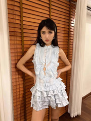 Aiertu Y2k Sleeveless Shirt Cake Skirt Women 2-piece Set Blouse Top Tiered Ruffle Jacquard Mini Skirt Medieval Retro Clothes Aiertu
