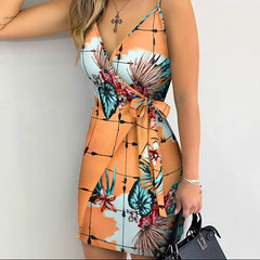 Aiertu Summer Women Holiday Floral Leaves Print Bodycon V-neck Mini Dress Female Spaghetti Strap Bohemian Beachwear Bow Belt Aiertu