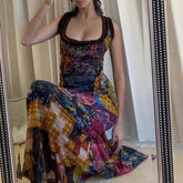 Aiertu Sexy Backless Hollow Out Sleeveless Maxi Dresses Vintage Oil Painting Print Bodycon Dress Aesthetic Party Slim Vestidos Aiertu